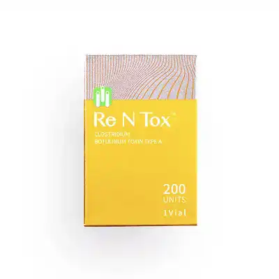 A yellow box labeled "Re N Tox™ 200u" containing Clostridium Botulinum Toxin Type A, 200 units, 1 vial. The box features a modern, minimalist design with a subtle line pattern on the upper part.