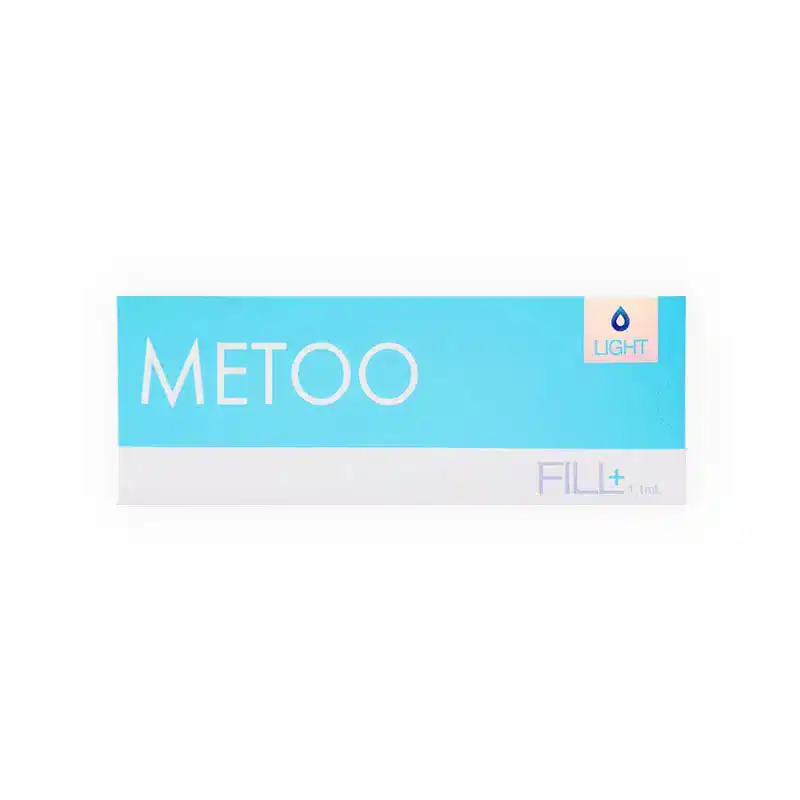 A rectangular white and blue product box labeled "METOO FILL LIGHT" in large white letters against a blue background. In the top right corner, there is a logo with a droplet and the word "LIGHT." The bottom right section says "FILL+ 1ml" in smaller letters.