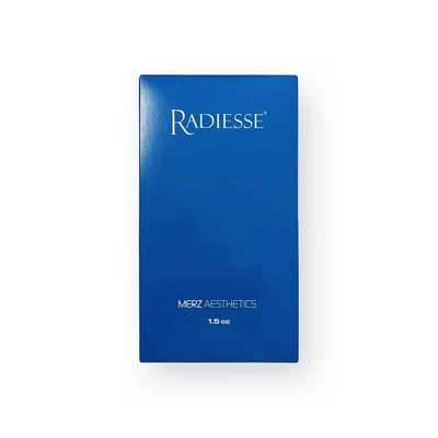Blue rectangular box labeled "RADIESSE® 1.5ml" at the top center and "Merz Aesthetics 1.5 cc" at the bottom. The box has a clean and minimalist design with white text against the blue background.