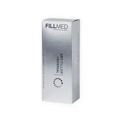 Silver box packaging of FILLMED® ART FILLER UNIVERSAL with Lidocaine, a cosmetic product. The box is sleek with black text and features a small circular dotted design near the bottom.