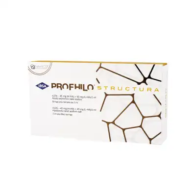 A white and gold box of PROFHILO® STRUCTURA, featuring the product name and hexagonal design elements on the packaging.