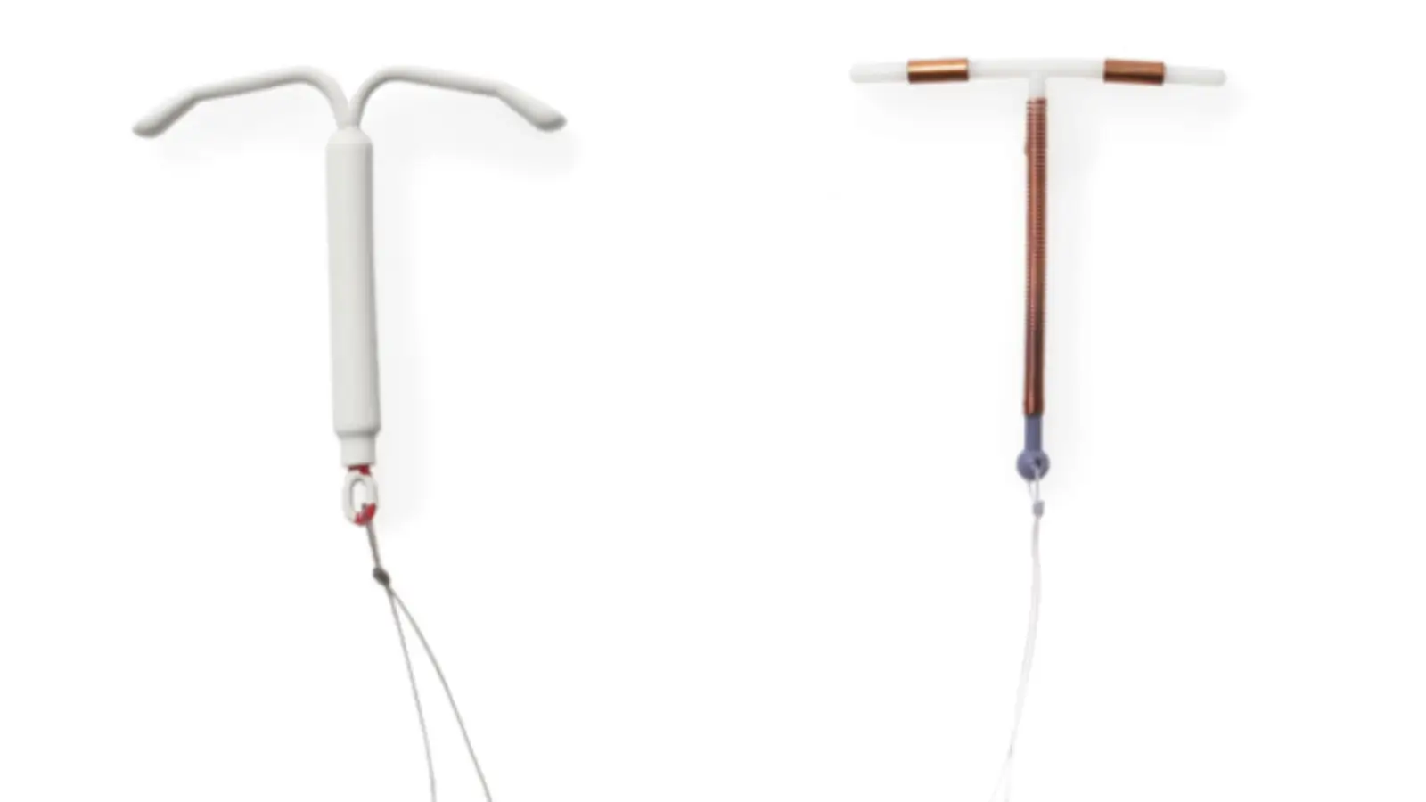 Two intrauterine devices (IUDs) are shown side by side on a white background; one is plastic with a T-shape, and the other has copper wire wrapped around its stem. Both have thin strings attached at the bottom.