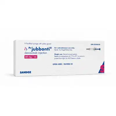 A white box labeled “JUBBONTI® 60mg denosumab injection” by Sandoz, featuring a pre-filled syringe image and instructions for subcutaneous use. You can safely buy JUBBONTI® 60mg online for convenient access to this medication.