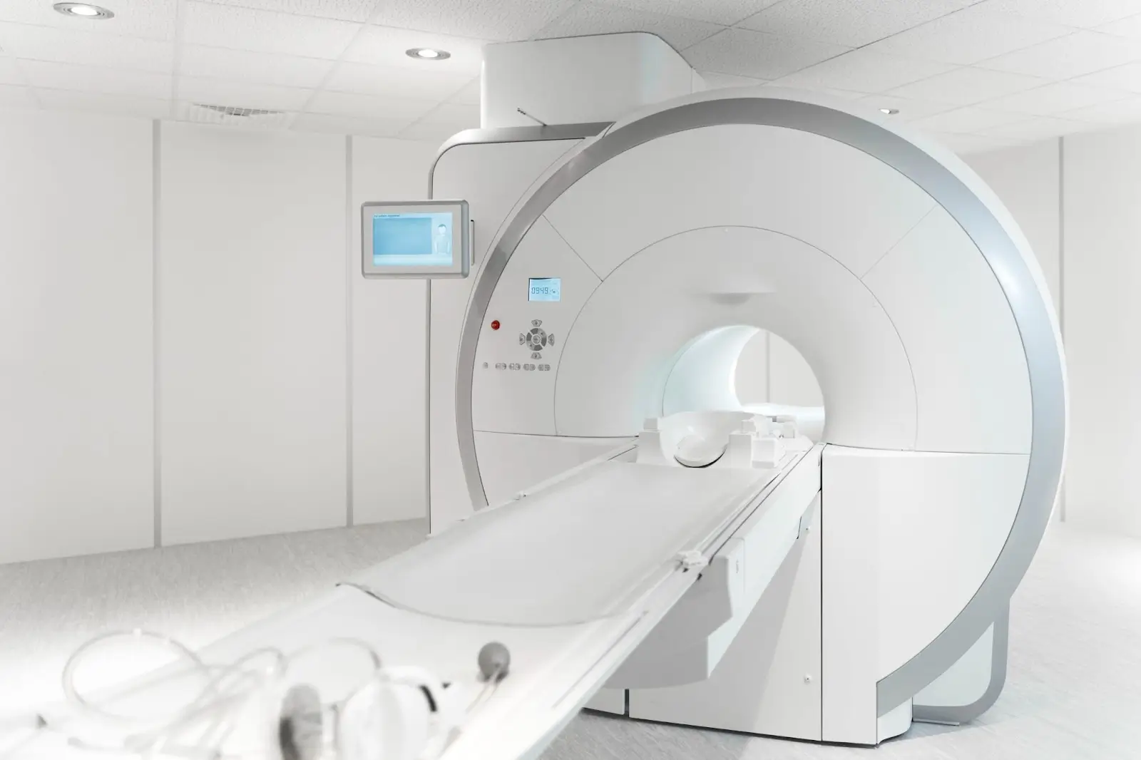 A modern MRI machine in a clean, bright room, with a sliding patient table extended out and a computer monitor mounted nearby, ready for medical imaging procedures.