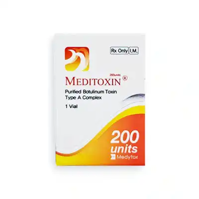 The image shows a white rectangular box labeled "MEDITOXIN® 200u" containing 200 units of purified botulinum toxin type A complex. The packaging has a red, orange, and yellow wave design with the brand name Medytox at the bottom right.