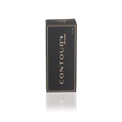 A black and gold box labeled "REVANESSE® CONTOUR™ with Lidocaine" with "MMV Vitamin" below it, containing 3 x 3.4 ml. The box is standing upright against a white background, with a reflection visible at the bottom.