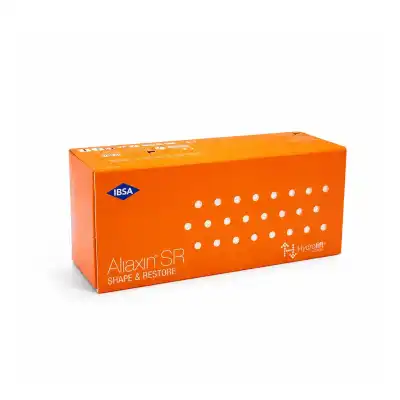 Orange rectangular box labeled “ALIAXIN® SR” with white dots, featuring the IBSA logo and HydroLift logo on the front, shown against a white background.