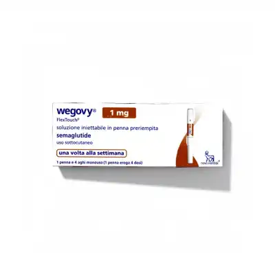 Box of WEGOVY® FLEXTOUCH® 1mg (Italian) pre-filled injection pen for subcutaneous use with semaglutide by Novo Nordisk, labeled "una volta alla settimana" (once a week) on the packaging.