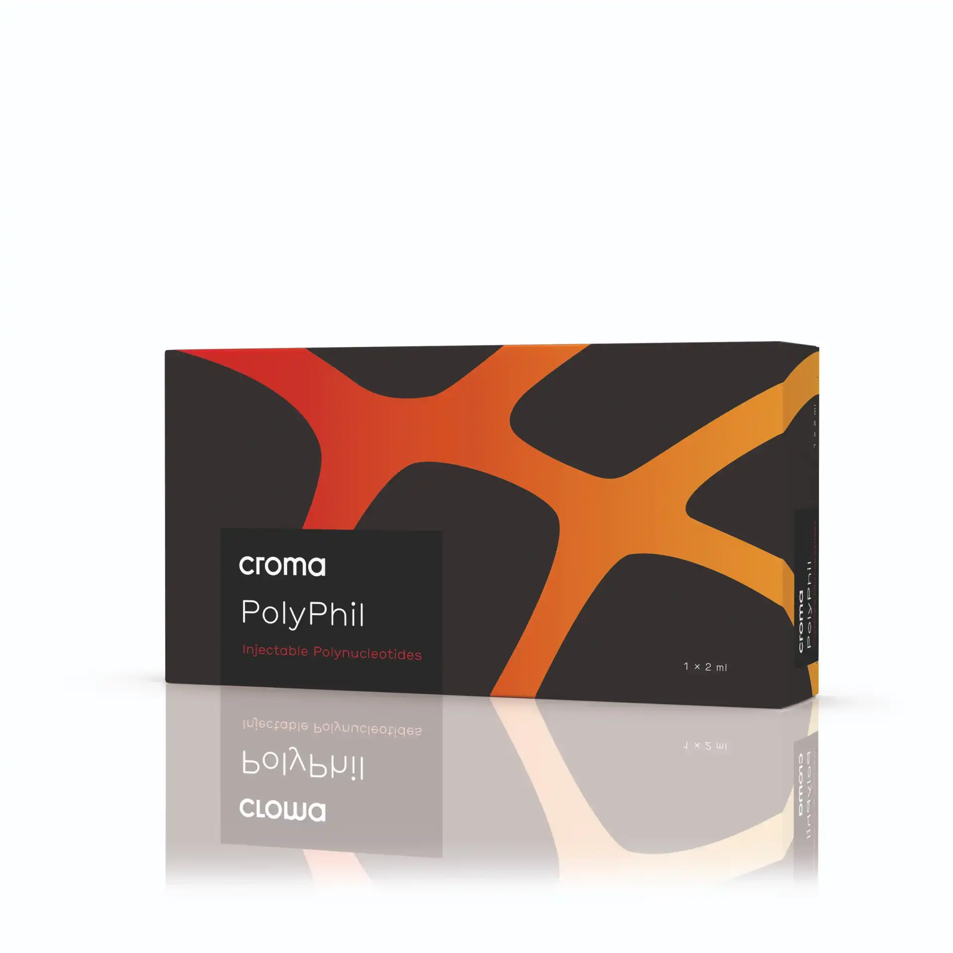 A rectangular box of CROMA™ PHILART, set against a black background with orange and red abstract lines, featuring a reflective bottom surface.