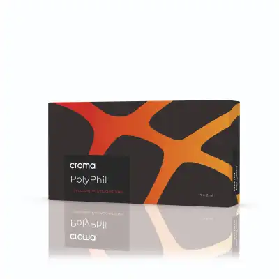 A rectangular box of CROMA™ PHILART, set against a black background with orange and red abstract lines, featuring a reflective bottom surface.