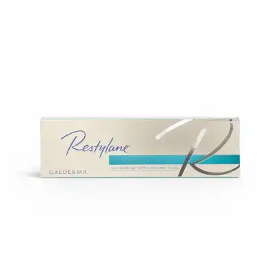 A rectangular box of RESTYLANE® EYELIGHT™ injectable gel with lidocaine displays a white and teal design, Galderma branding, and silver accents on a white background.