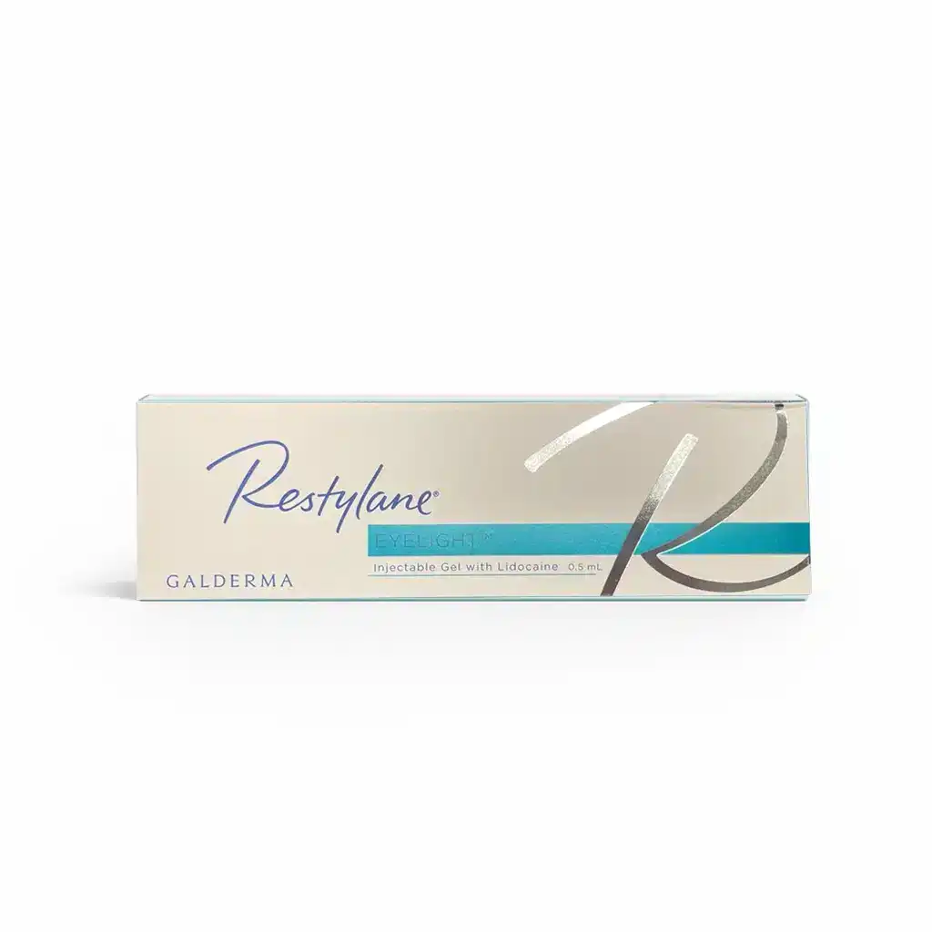 A rectangular box of RESTYLANE® EYELIGHT™ injectable gel with lidocaine displays a white and teal design, Galderma branding, and silver accents on a white background.