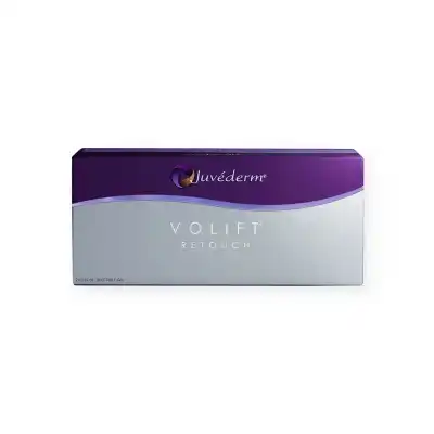 A rectangular box of JUVÉDERM® VOLIFT® RETOUCH with Lidocaine is shown. The box has a white bottom half with the product name in grey, and a purple top half with the brand name and logo. The packaging is sleek and professional.