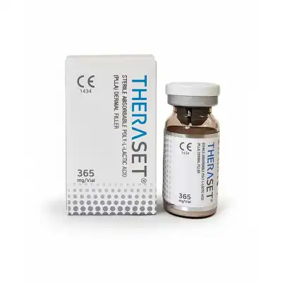 A box and vial labeled “THERASET® PLLA FILLER 365mg” containing sterile absorbable poly-L-lactic acid stand on a white background; the vial has a gray cap and is placed next to the box.