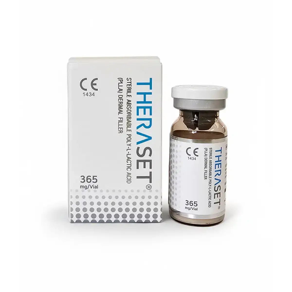 A box and vial labeled “THERASET® PLLA FILLER 365mg” containing sterile absorbable poly-L-lactic acid stand on a white background; the vial has a gray cap and is placed next to the box.