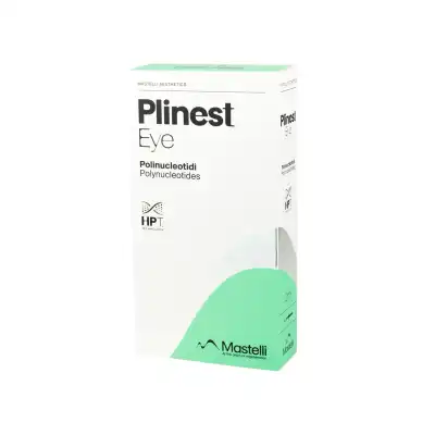 PLINEST® EYE by Mastelli is a box labeled with "Polinucleotidi" and "Polynucleotides." The packaging is mainly white and mint green, showcasing the Mastelli Aesthetics logo and HPT branding.