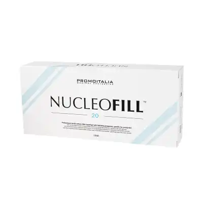 A white rectangular box labeled "NUCLEOFILL™ 20" with light blue diagonal stripes and black text, indicating a professional skincare product for young skin by Promed Italia.