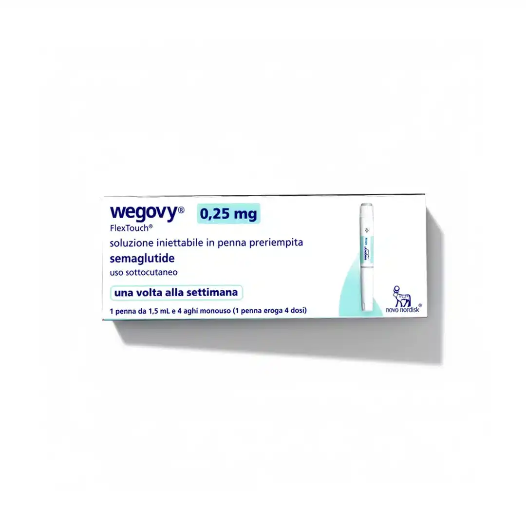 A white box of WEGOVY® FLEXTOUCH® 0.25mg (Italian) for subcutaneous use, labeled in Italian with blue and black text showing dosage details, instructions, a small pen image, and the Novo Nordisk logo. Contains semaglutide injection pen.