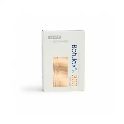 A white box of BOTULAX® 300u, featuring blue and orange text with Korean writing on the packaging, stands upright against a plain white background.
