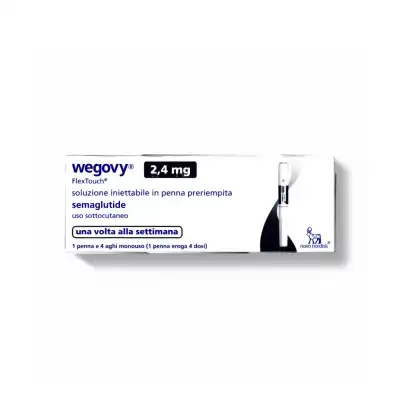 A box of WEGOVY® FLEXTOUCH® 2.4mg (Italian) is shown, featuring white packaging with blue accents and Italian text.