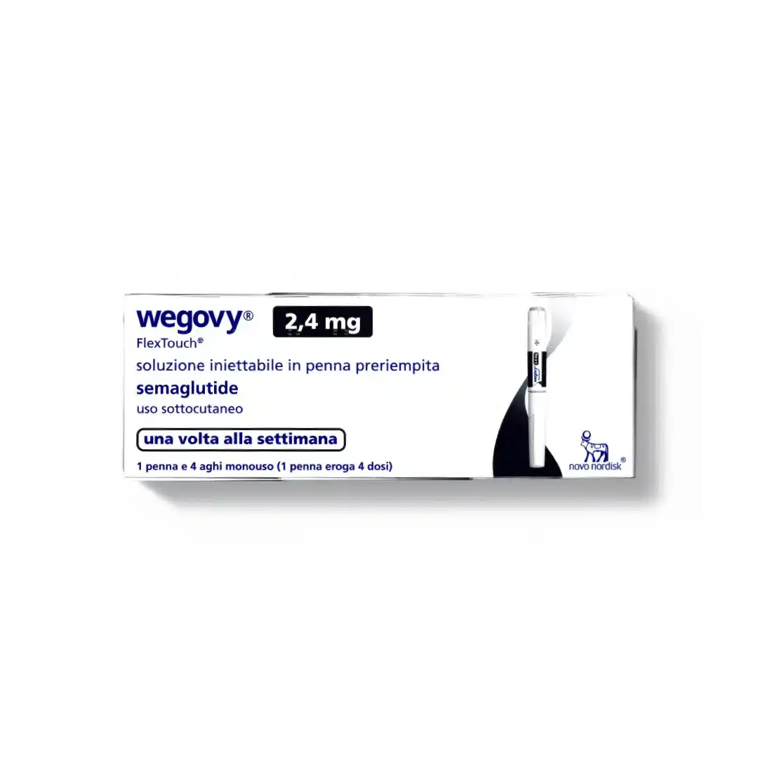 A box of WEGOVY® FLEXTOUCH® 2.4mg (Italian) is shown, featuring white packaging with blue accents and Italian text.