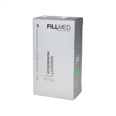A rectangular white box labeled "FILLMED® NANOSOFT MICRONEEDLES" includes product details and a small needle illustration.
