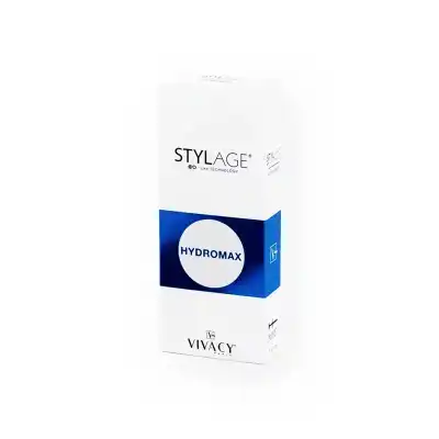 A rectangular white box with a blue band near the middle. The text on the box reads "STYLAGE® HYDROMAX BI-SOFT®," with the word "Hydromax" inside the blue band. Below that text, "VIVACY" is printed. The box is upright, standing against a plain white background.