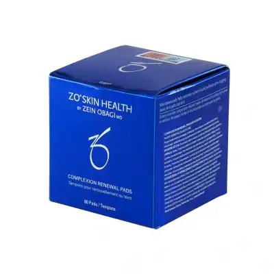 A blue box labeled "ZO® Skin Complexion Renewal Pads," containing 60 pads, with detailed text on the sides.