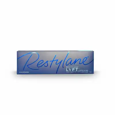 A blue rectangular box labeled "RESTYLANE® LYFT with Lidocaine" containing 1mL injectable gel by Galderma, displayed against a plain white background.