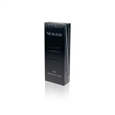 A black rectangular product box with the text "NEAUVIA™ ORGANIC STIMULATE MAN" in white at the top and "STIMULATE MAN" along with a subtle symbol at the bottom. The box is sealed in plastic wrapping. The background is plain white.