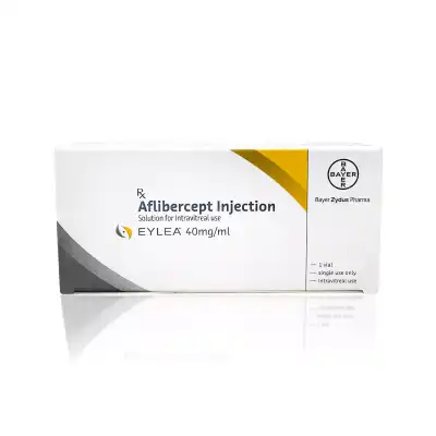 A white and yellow rectangular box labeled "Aflibercept Injection" for intravitreal use, branded as EYLEA® (English Alternative), with a concentration of 40 mg/mL. The box indicates it contains one vial, for single use only, produced by Bayer Zydus Pharma.