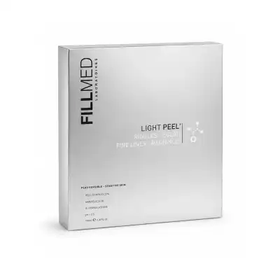 A white box labeled “FILLMED® LIGHT PEEL” designed for fine lines and radiance, suitable for sensitive skin, featuring minimalist silver and gray text on a plain background.