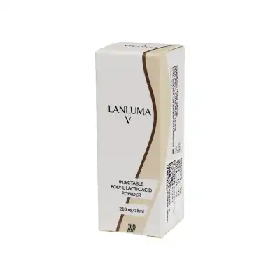 Box of LANLUMA V injectable poly-L-lactic acid powder, 210mg/15ml. The packaging is predominantly white, featuring black and beige accents with product details and branding.