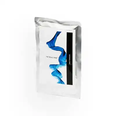 A silver pouch with a white label featuring blue abstract artwork and the text "INTRALINE® MONO 29G 50 70 6-0" on a black strip running vertically along the right side. The pouch appears to be a product package for cosmetic or medical use.