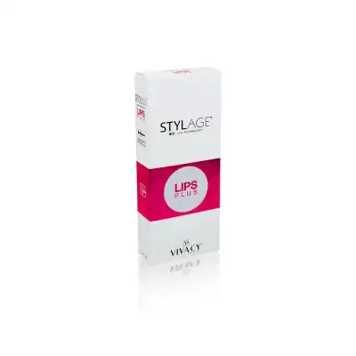 A rectangular white box with a pink band in the middle that says "STYLAGE® LIPS PLUS BI-SOFT® with Lidocaine" in white text. The top text reads "STYLAGE LIPS PLUS" and the bottom has the Vivacy logo. The box is standing upright on a white surface.