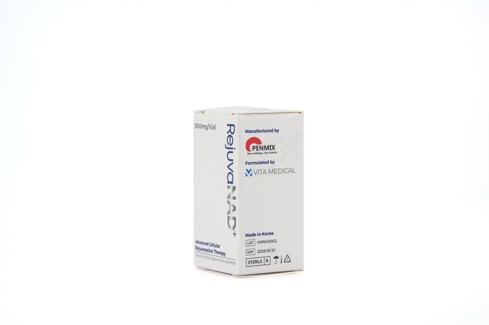 A white box of REJUVANAD+ with blue and black text, featuring Penmix and Vita Medical logos, labeled as advanced cellular replacement therapy, photographed on a white background.