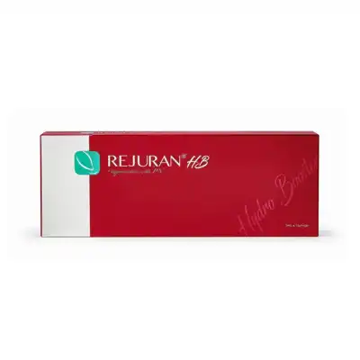 A red and white rectangular box labeled “REJURAN® HB” with a green logo on the left side, featuring “1ml x 1 syringe” indicated in the lower right corner.