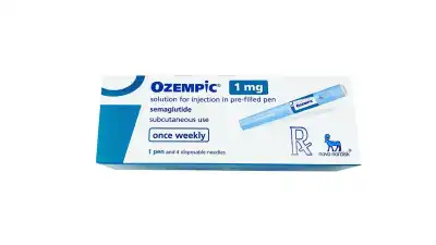 Image of an OZEMPIC® 1mg box with a 1 mg pre-filled pen for weekly subcutaneous injection. It contains 1 pen and 4 disposable needles. The brand logo and prescription symbol are visible.