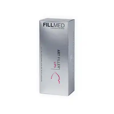 A silver box with black text labeled "FILLMED® ART FILLER LIPS with Lidocaine." The box also features a pink graphic and additional text indicating its contents, likely a cosmetic product intended for lip enhancement.