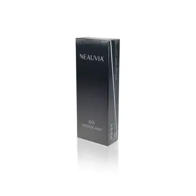 The image shows a rectangular, black and grey box with the brand name "Neauvia" written in white at the top. Below it, in smaller white text, it says "NEAUVIA™ ORGANIC INTENSE MAN." The box appears to be wrapped in clear plastic. The background is white.