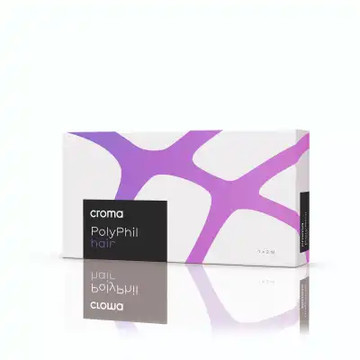 A white box with purple abstract lines labeled "CROMA PhilArt HAIR" in black text, containing 1 x 2 ml, shown on a white background.