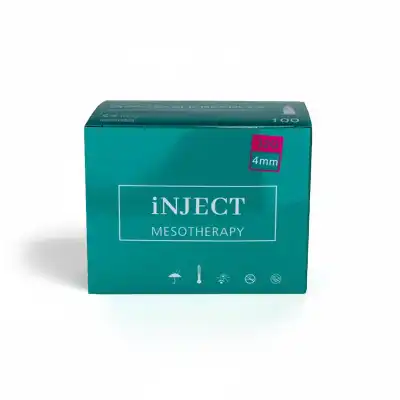 A teal BIOMEDICO 32G - 4mm box with a pink "32G 4mm" sticker in the top right contains 100 disposable needles. The label says "INJECT MESOTHERAPY," and icons are displayed along the bottom.