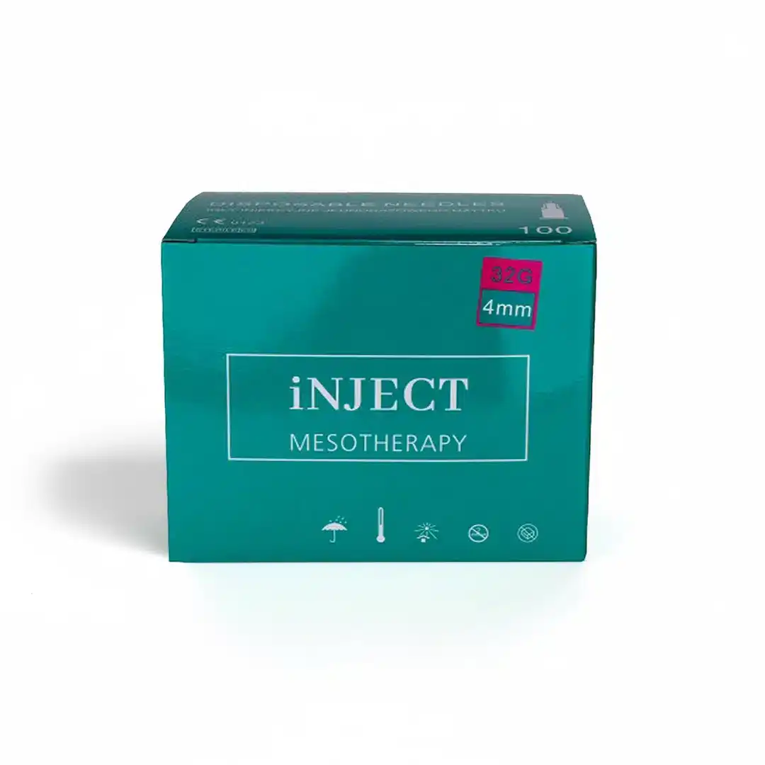 A teal BIOMEDICO 32G - 4mm box with a pink "32G 4mm" sticker in the top right contains 100 disposable needles. The label says "INJECT MESOTHERAPY," and icons are displayed along the bottom.