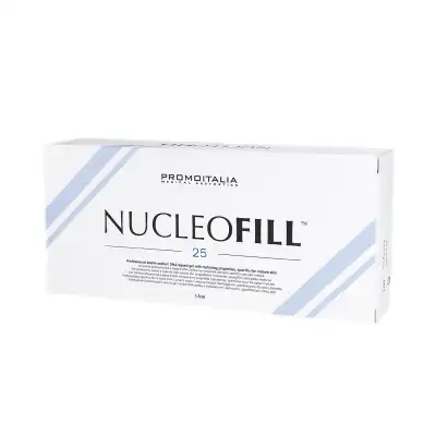 A white box labeled "NUCLEOFILL™ 25" by Promoitalia, featuring blue diagonal lines and black text, showcases a clean, minimalist design for this skincare product.