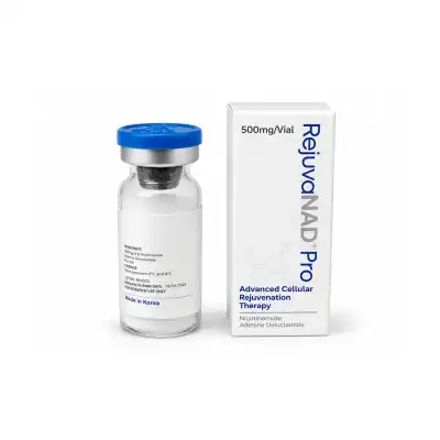 A vial and a box labeled “REJUVANAD+ PRO 500mg/Vial.” The box features the phrase “Advanced Cellular Rejuvenation Therapy” and lists the main ingredients. Both items are white with blue accents.