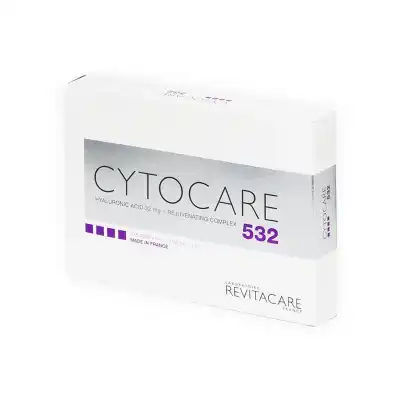 A white box labeled "CYTOCARE 502" with purple accents, indicating it contains hyaluronic acid and a rejuvenating complex. The box also shows it's made by Laboratoire Revitacare in France.
