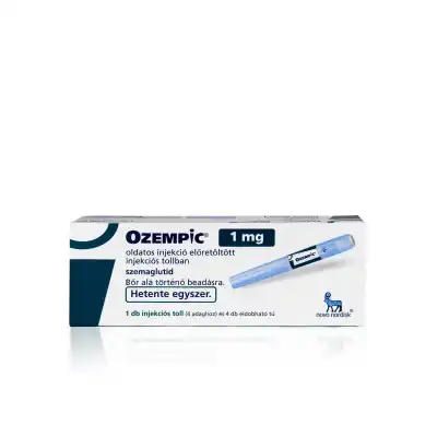 Image of OZEMPIC® 1mg (Hungarian) packaging. The box is white with blue accents and features a contained pre-filled injection pen. Text in Hungarian provides dosage details, usage instructions, and manufacturer information.