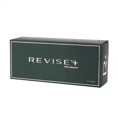 A dark green box labeled "REVANESSE® REVISE™ with Lidocaine," with white text and borders, displaying a volume of 2 x 1.2 ml.