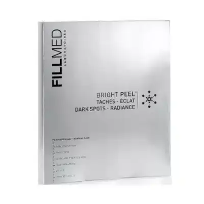 Silver rectangular box labeled FILLMED® BRIGHT PEEL (NORMAL SKIN) 100ml from Fillmed Laboratories, addressing dark spots and enhancing radiance. Front text includes product details and list of chemical ingredients in black.