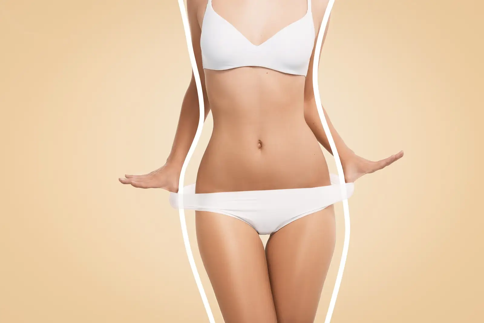 A woman in white underwear stands against a beige background with stylized white outline curves drawn around her body, emphasizing her waist and hips. Her face is not visible.